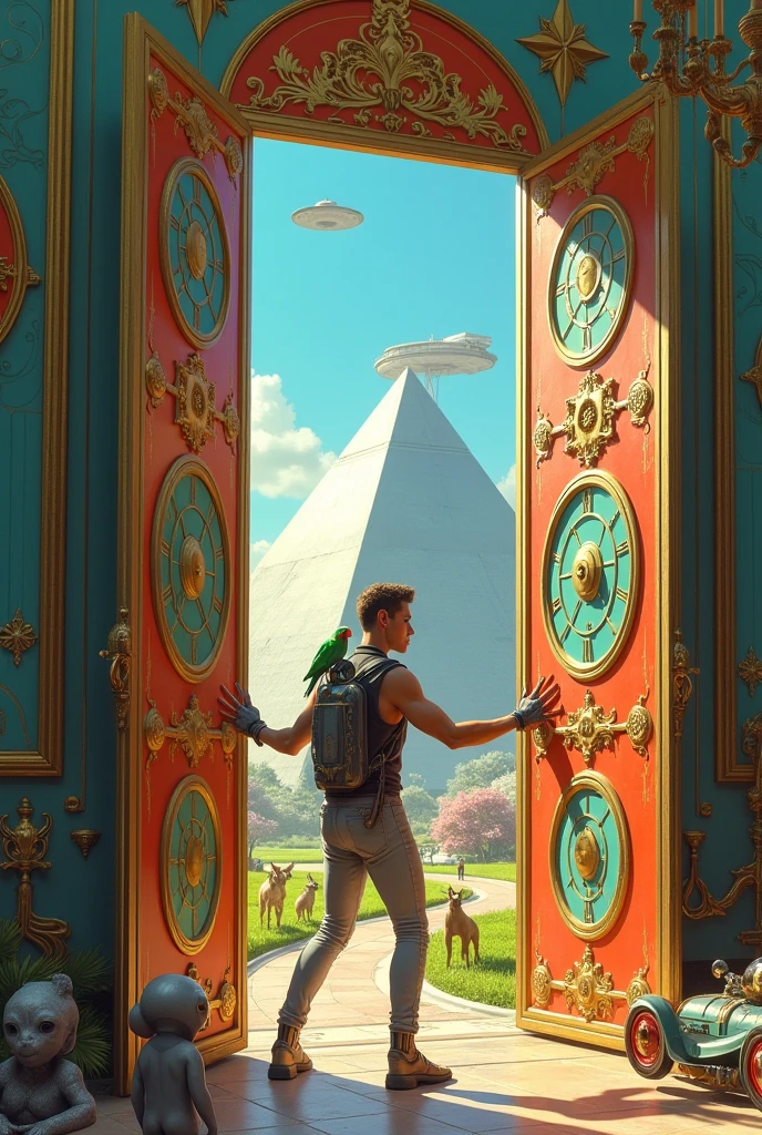 Un homme avec des vêtements futuristes pousse des deux mains des portes futuristes avec des figures géométriques de couleurs différentes sur la porte et devant lui une pyramide avec de l'herbe et des animaux ,le tout ressemblent à la peinture que j'ai publié et un robot et à côté devant une des portes et le personnage caucasien avec un Péroqué sur l'épaule et un aspect baroque est légèrement ajouté une soucoupe volante est ajouté et un extra terrestre petit gris,le personnage se tient droits les jambes légèrement écartées en poussant les portes il y a des mécanismes et horlogerie sur les portes et une voiture ancienne améliorée venus du futur