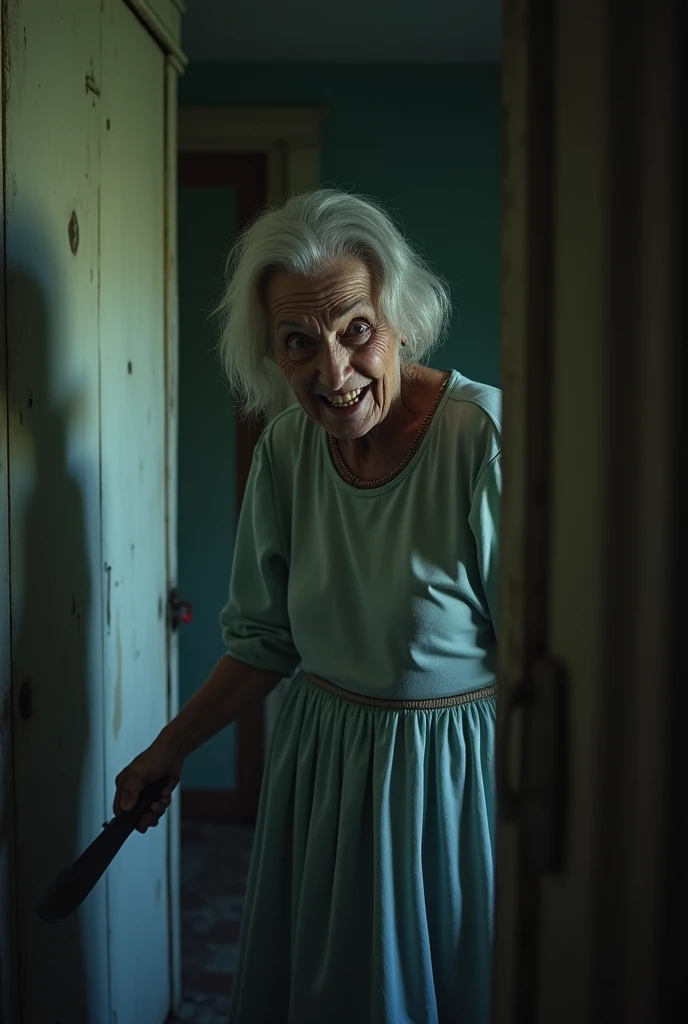 Room in abandoned house, maniac old woman with a creepy smile holding a knife inside the room