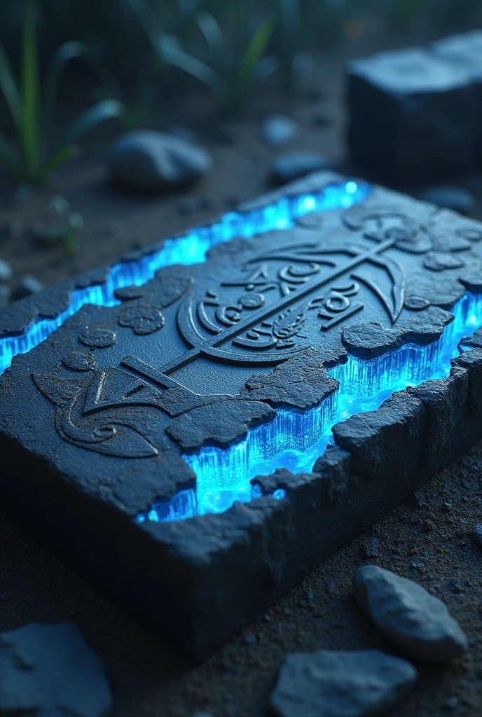 stone tablet with symbols with cracks of blue emissive crystal, 3D stylized