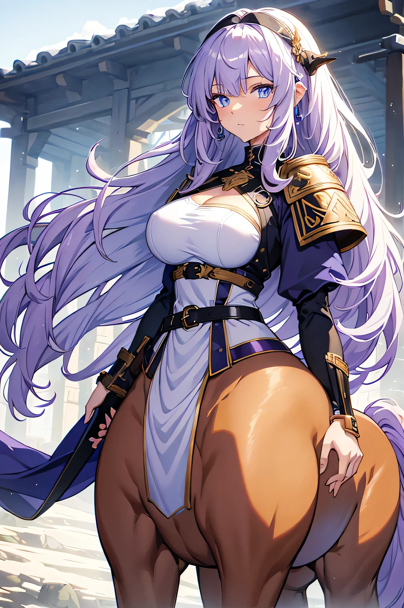4K,High resolution,One Woman,centaur,White purple hair,long hair,Blue Eyes,Brown fur,Swordsman,White Armor,hair band,Jewelry decoration,Long sword,Medieval village