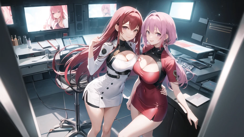 Masterpiece, ultra high quality anime style illustration, 8K, 2024, TV station, news studio, CNN like set, bright lighting, very beautiful 20 year old ((two female anchors)), ((two beautiful girls)) ((standing upright with their legs together))), ((looking at the camera with a smile)), colorful hair, perfect make-up, colorful eyes, pink lips, slightly open-necked suit, average bust, cleavage, tight skirt covering knees, beautiful legs.