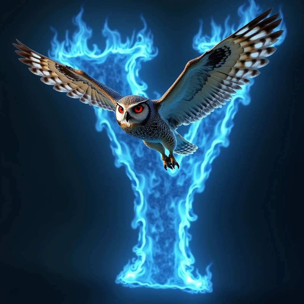 ((realisitic)) A red-eyed owl, flying over the letter Y of blue fire