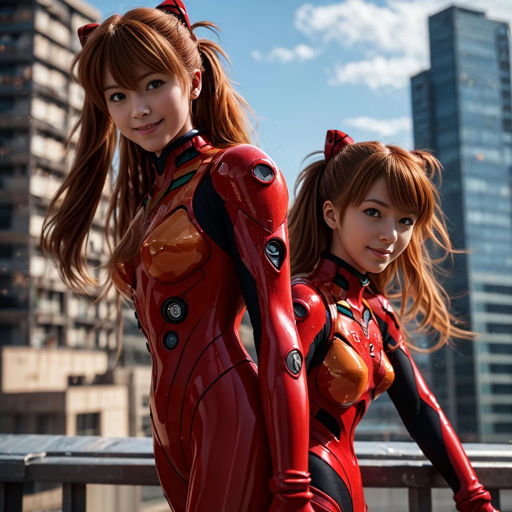 (8k, RAW photo, highest quality, refined details, Masterpiece: 1.2), (high resolution 8k wallpaper), sharp focus, professional lighting, depth of field, cinematic lighting, background blur,Red-haired twin-tails, blue-eyed girl, A girl with red hair, twin tails, and blue eyes, Soryu Asuka Langley, wearing an Evangelion pilot plug suit, standing with her arms folded and a confident smile on her face with NERV headquarters in the background,