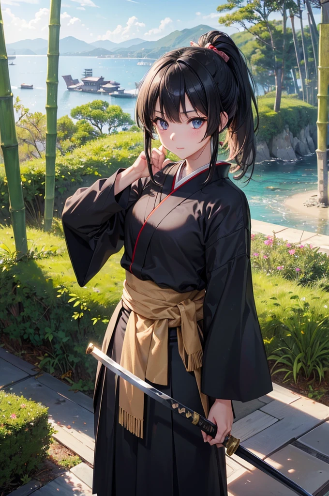 (16K,Ultra-high resolution,Highest quality,masterpiece,Super detailed,Attention to detail,Very vivid CG),Photographed from the front,((Dark-eyed quarter Japanese and quarter British:1.3)),((A high school girl with black hair and a ponytail holding a Japanese sword)),Dyed blonde hair black,Japanese style kendo uniform and skirt,Anatomically correct body:1.3,Highly detailed facial features, Beautiful and perfect face, Perfect Eyes:1.3,Best Anime,The best CG,Very beautiful island and sea,Sky reflected in the sea,Detailed background,Tree Eyes,A sad expression,Sad,Bamboo grove.