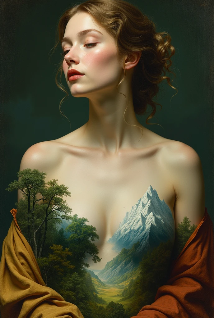 A beautiful lady with a breast of forest and a breast of mountain Giovanni Bellini style