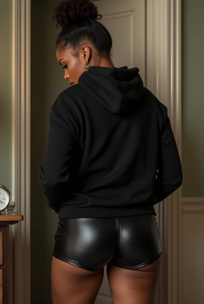 black woman hair in a bun black hoodie black leather short shorts being fucked in the ass by a old grandma in a dress