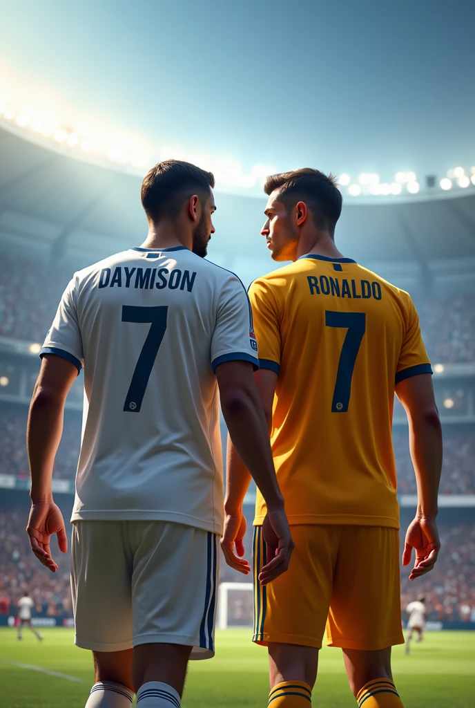 an adult with the real Madrid shirt with the name "daymison" number 7 on his back walking around the stadium and Cristiano Ronaldo with the al Nassar team shirt with the name "Ronaldo" with the number 7 on his back walking with daymison and talking (hair Cristiano Ronaldo short)