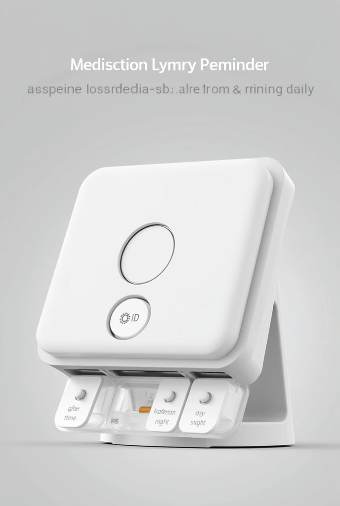 For the visual design of the "Medication and Routine Reminder Device with Visual and Auditory Feedback", Here is a detailed suggestion:
### **Device Visual Design**
#### **1. General Structure:**
- **format:** Rectangular or circular, depending on aesthetic preference and ergonomics. A rectangular shape is more practical for storing medicine compartments..
- **material:** Lightweight and durable plastic, with smooth and easy to clean surface. The color can be neutral (White or light gray) so as not to be invasive.
#### **2. Front Panel:**
- **Display LED:**
- **Location:** Centered at the top of the front panel.
- **Design:** Simple LED screen, with white background and text in contrasting colors (black or dark blue). Large enough to display readable messages, with large font size.
- **Configuration Button:**
- **Location:** Below the LED display.
- **Design:** Large, easy-to-access button, with gear icon to indicate settings. Can be illuminated for visibility in low-light environments.
- **Speaker/Buzzer:**
- **Location:** Next to the LED display or in a lower corner.
- **Design:** Protective grille around the speaker for better sound dispersion.
#### **3. Medicine Compartments:**
- **Partitions:**
- **Location:** Below the front panel or to the side, in a format that allows easy access.
- **Design:** Transparent or semi-transparent compartments, with clear labels for different times (morning, Afternoon, natta). Each compartment must have an easy-to-open lid..
- **Release Mechanism:**
- **Location:** Integrated into the base of the compartments.
- **Design:** A release system that can be automatically actuated by a small motor or spring mechanism. The partitions may have a small door that opens when the reminder is triggered..
#### **4. Faith System