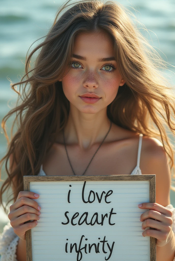 Beautiful girl with wavy long hair, bohemian dress, holding a white board with text "I Love Seaart Infinity" and showing it to the viewer