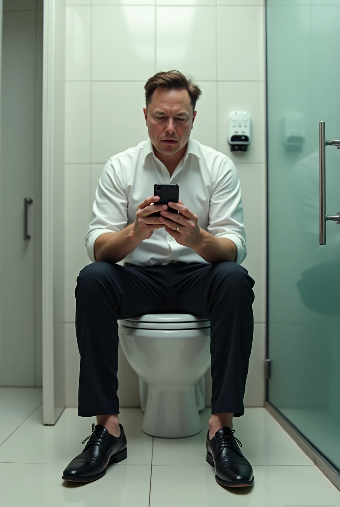 Create an image of Elon Musk sitting on the toilet using his cell phone on social network X