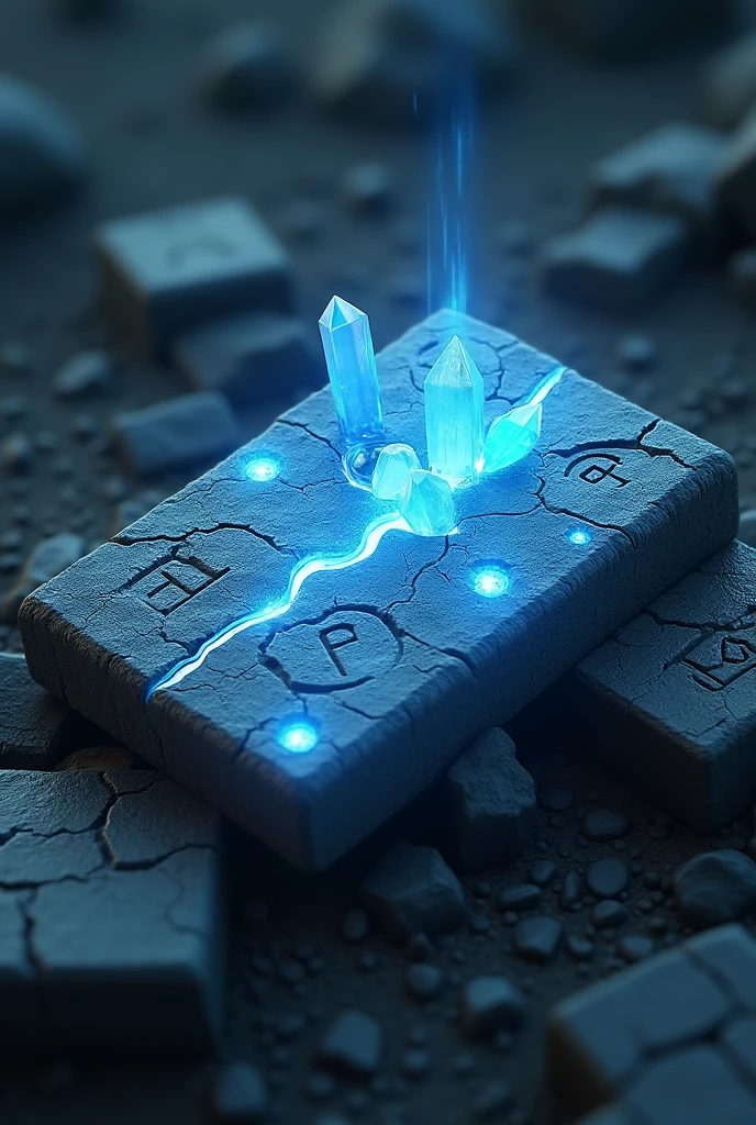 stone tablet with cracks of blue emissive crystal with symbols , 3D stylized