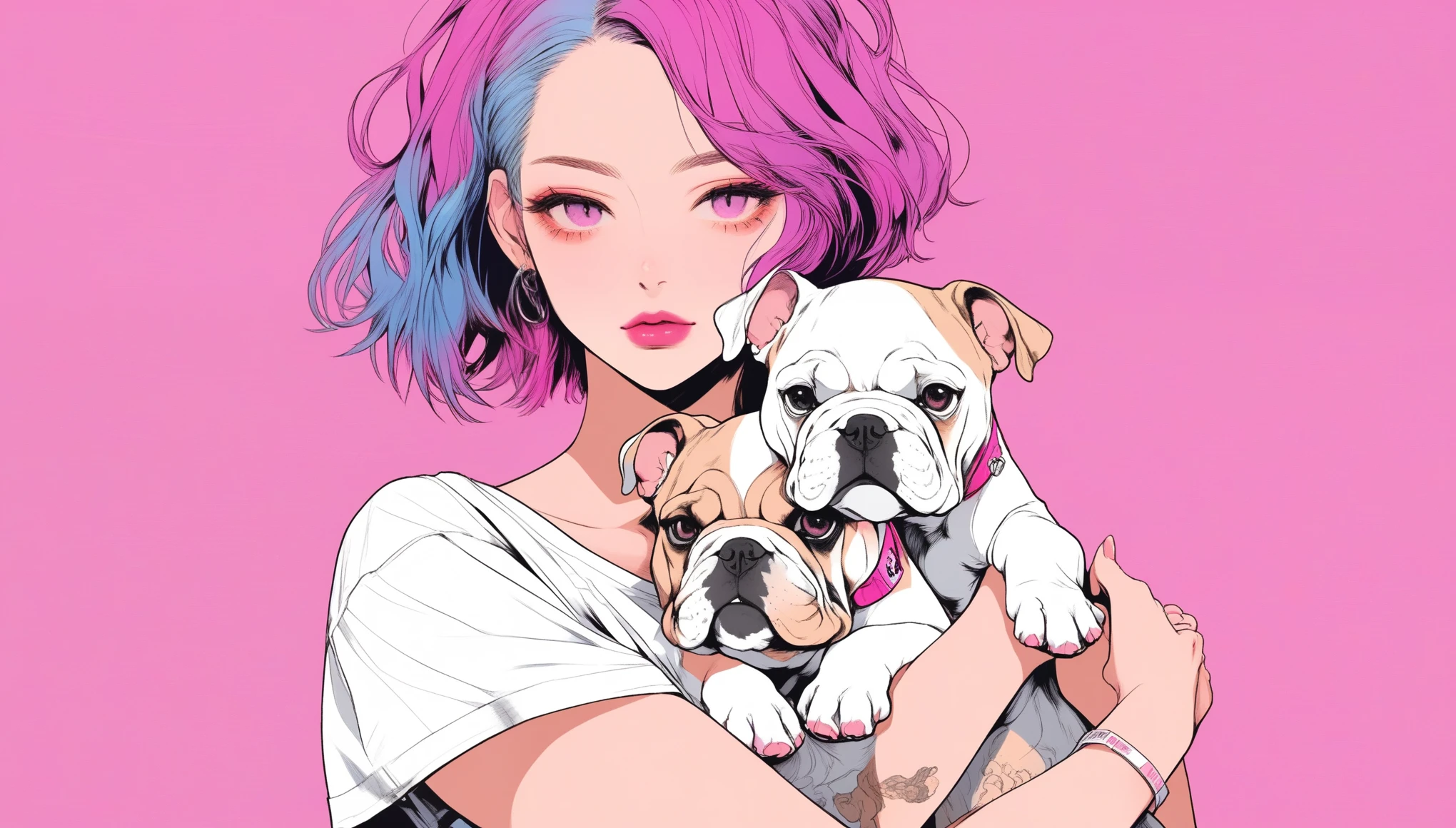 Illustrator, anime , Realistic ,sketch ,1woman, delicate,lip, T-Shirts,order,Textured Trim, (masterpiece,Highest quality,High resolution, Super detailed) ,Neon Hair,Canadian, (masterpiece,Highest quality) Cancer,Late summer,Cute bulldog puppy,
