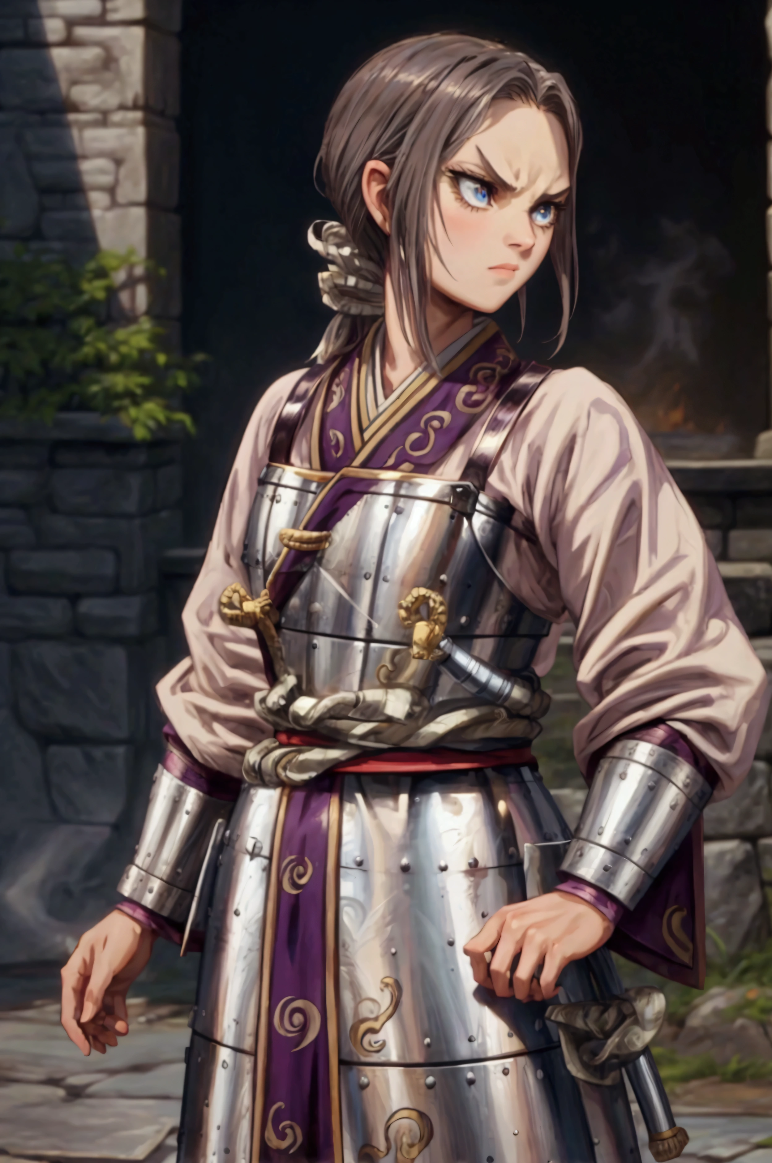 8k, Highly Detailed, Masterpiece, source_anime, best quality, beautifully detailed eyes and beautifully detailed hair, 1girl, solo, a character with fair skin, large expressive eyes, and dark brown hair styled in a neat tied back, straight manner, sharp facial features face, They are dressed in traditional warrior attire, consisting of a white robe with purple and gold accents, and silver armor plating on the chest and forearms. The character also wears a dark blue belt and has two swords sheathed at their sides. The overall design is detailed and emphasizes a historical or fantasy warrior theme. The background consists of a stone wall, adding a rustic and historical feel to the scene. The character's facial expression is serious and focused, suggesting determination or concentration,