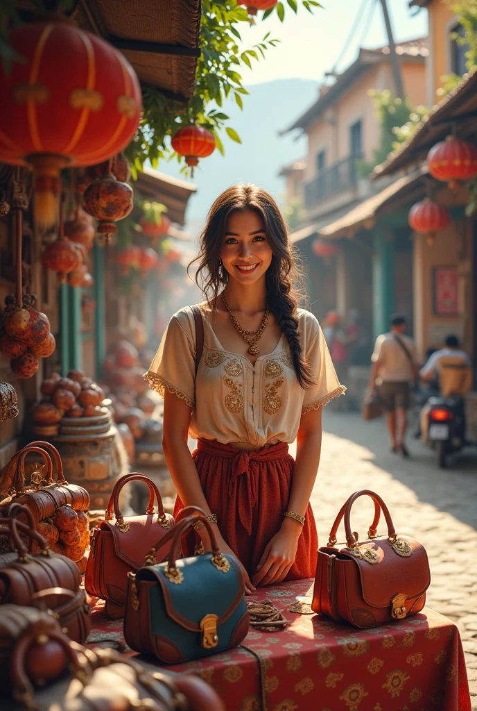 A beautiful, lovely female vendor is selling beautiful bags.