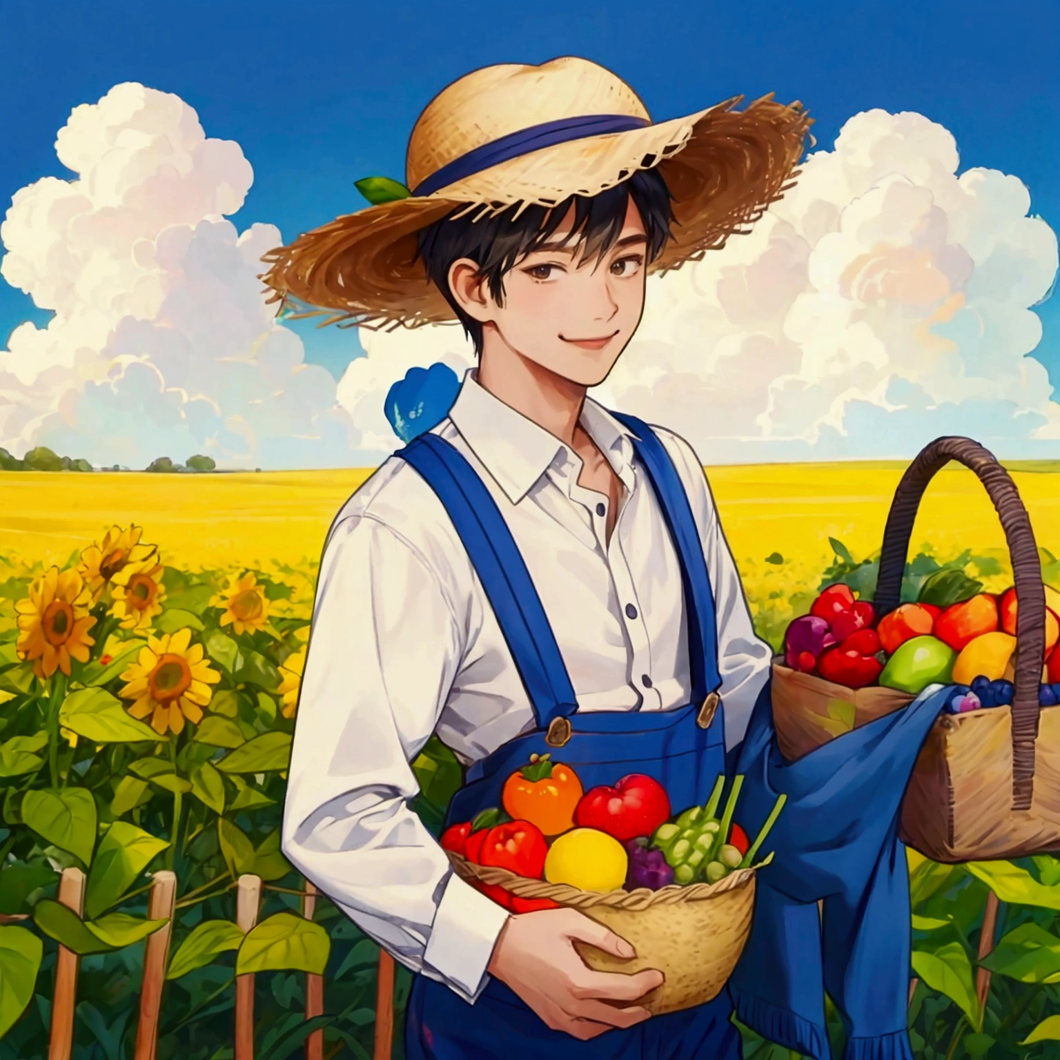 1 man, farmer, Straw hat, smiley face, 2, Blue suspenders, Background in nature, A basket of produce in your arms