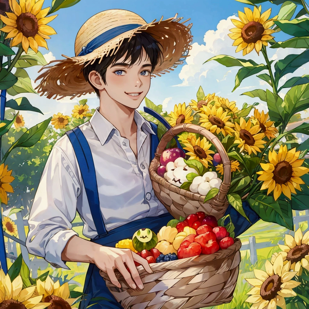 1 man, farmer, Straw hat, smiley face, 2, Blue suspenders, Background in nature, A basket of produce in your arms