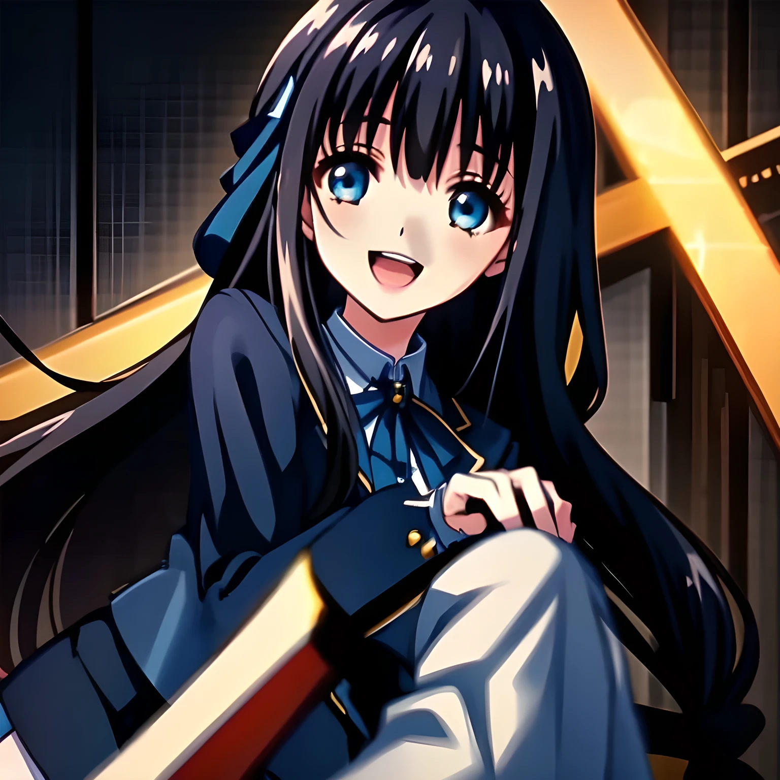 (highest quality, masterpiece, Full HD, High definition: 1.2), (Game CG art of beautiful laughing girl: 1.2), (Just one very beautiful date-game heroine who is looking and laughing at me, Very detailed cute **** heroine's eyes and face, Beautiful eyes with detailed: 1.0),  (Girl whom everyone loves because of her beauty and lovely fashion and noble manner. : 1.0),  (Very beautiful, wavy, cutely shining super-super-long blue hair, with elegant hair ribbons: 1.0), (Laughing very beautiful and lovely sapphire-blue intelligent eyes which charms and enslave me inevitably, with clearly detailed: 1.4), (Eyes are clearly detailed), (very long eyelashes: 1.0), (Noble black neat sailor-styled formal school uniform with a noble expensive ribbon on the chest: 1.0), (Soprano singer of classic music: 1.4), (Can't stop giggling)