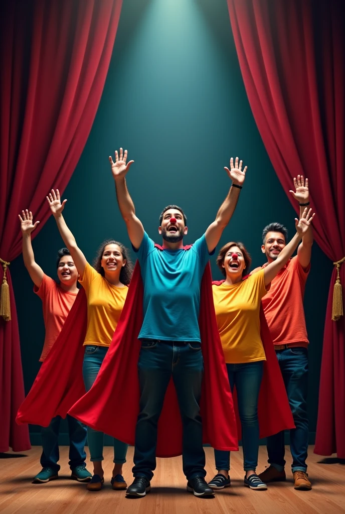 Realistic image of a group of 5 ordinary people with Latin features, Men and women between 8 and 60 years old, dressed as superman with a cape, They wear colorful shirts, They wear a small red Clown nose, They have their arms raised and have expressions of joy, They are standing in the middle of a theatre stage with the curtain open.