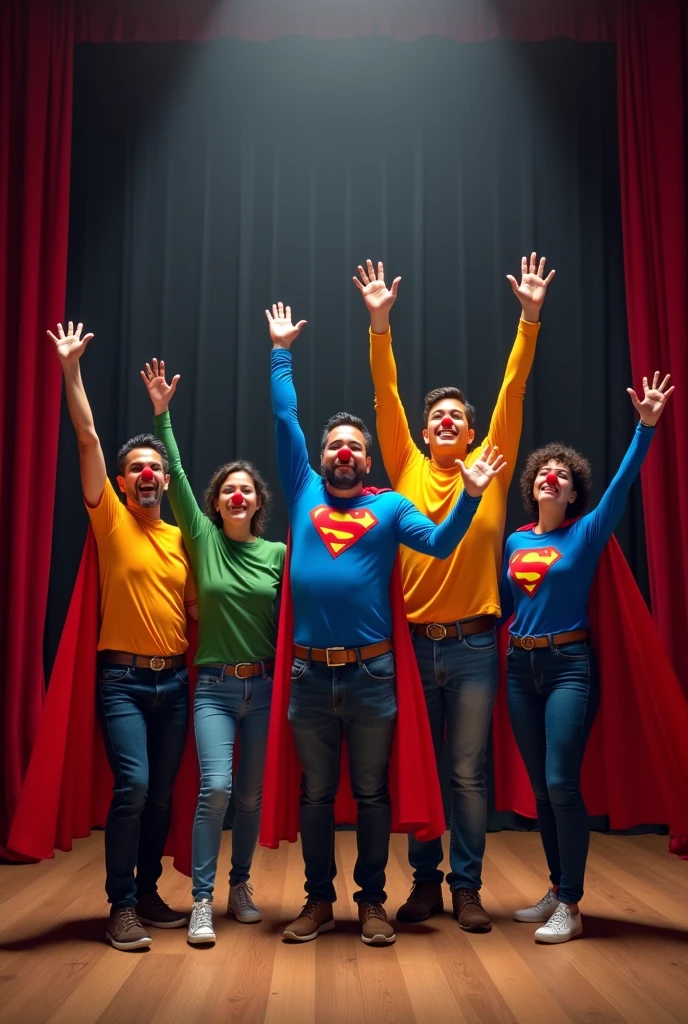 Realistic image of a group of 5 ordinary people with Latin features, Men and women between 8 and 60 years old, dressed as superman with a cape, They wear colorful shirts, They wear a small red Clown nose, They have their arms raised and have expressions of joy, They are standing in the middle of a theatre stage with the curtain open. 