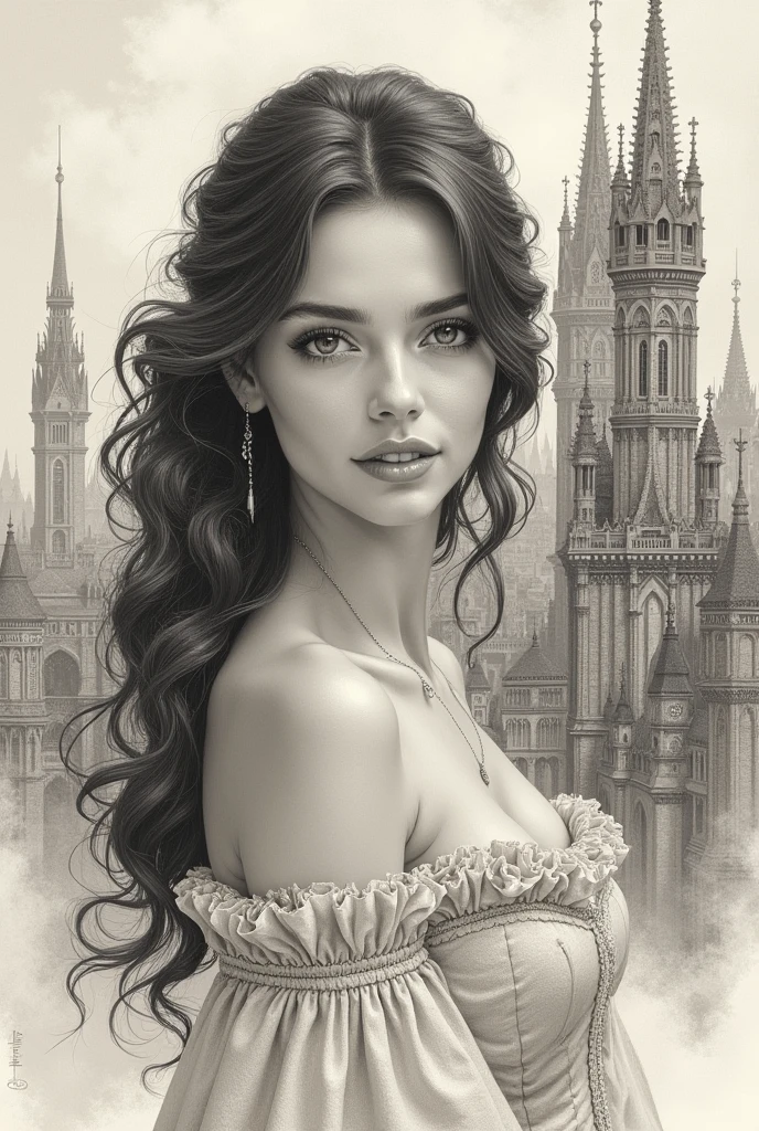 a sketch of a beautiful gorgeous sexy  girl and Victorian city,