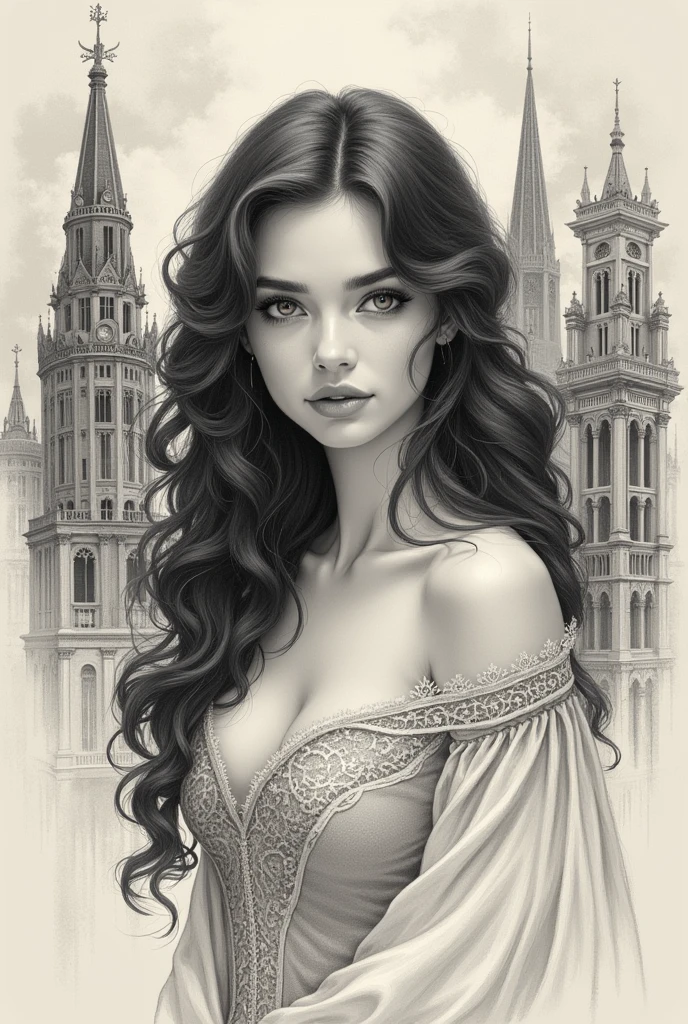 a sketch of a beautiful gorgeous sexy  girl and Victorian city,