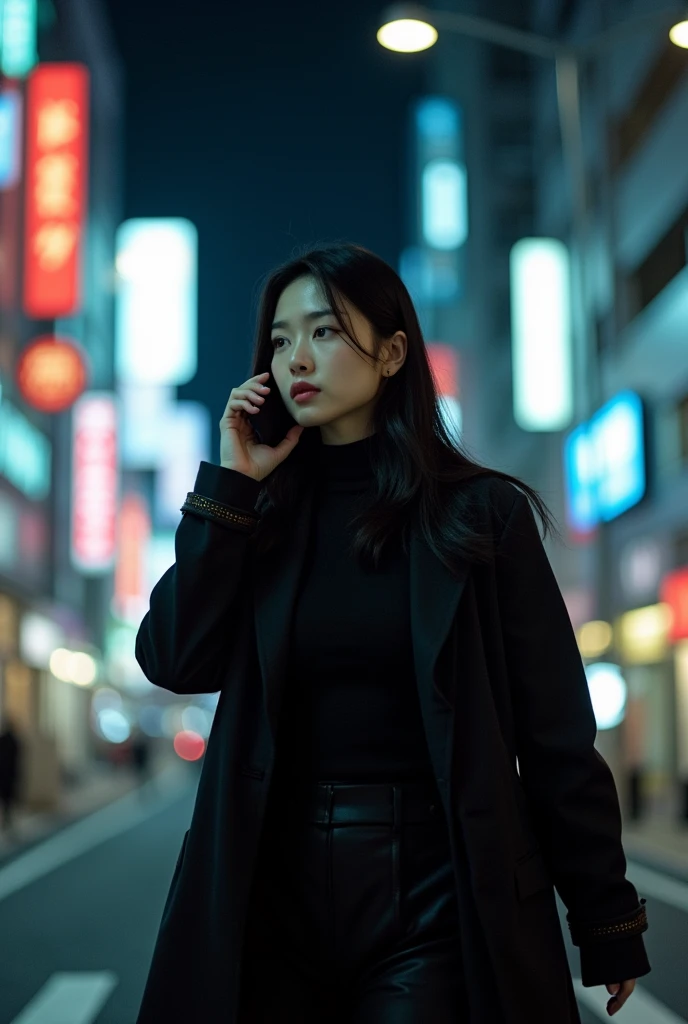 Asian woman 30 years old long black hair talking on a cell phone walking on the streets of Tokyo at night wearing black clothes