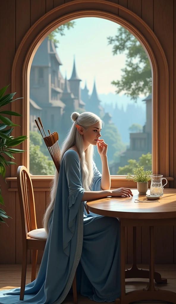 Full body portrait. A beautiful silver-haired elf woman carrying a bow and arrow wearing blue and white clothes is sitting at a wooden dining table. The background of a simple house full of shiny brown wood in the elven village. The background of the house is a beautiful elven village. This scene is a very detailed and professional 3D digital art. Masterpiece