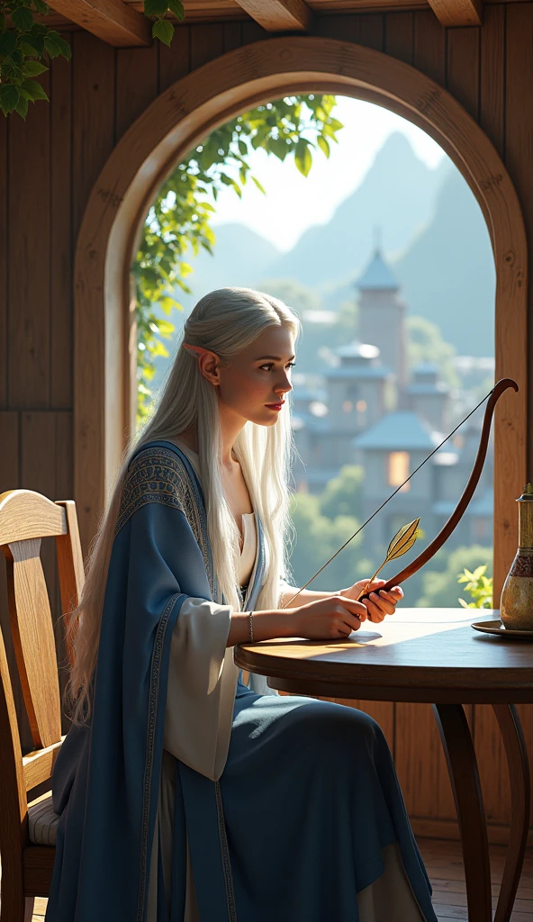 Full body portrait. A beautiful silver-haired elf woman carrying a bow and arrow wearing blue and white clothes is sitting at a wooden dining table. The background of a simple house full of shiny brown wood in the elven village. The background of the house is a beautiful elven village. This scene is a very detailed and professional 3D digital art. Masterpiece
