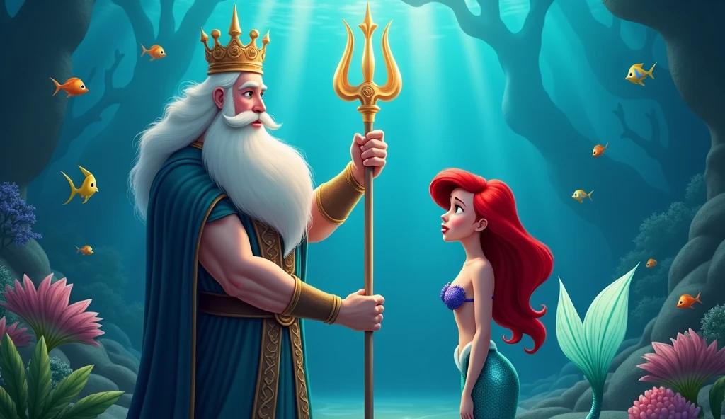 King Triton holding his trident while talking to his mermaid daughter Ariel