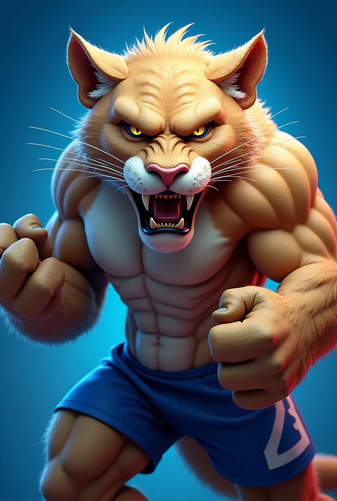 Beige Puma University Mascot Not Realistic Blue Background Angry Muscular
