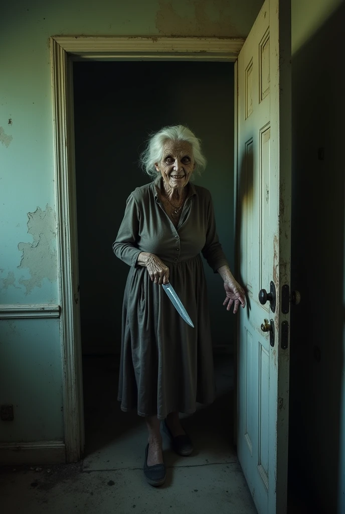 Room in abandoned house, maniac old woman with a creepy smile holding a knife inside the room, the old woman has a zombified appearance
