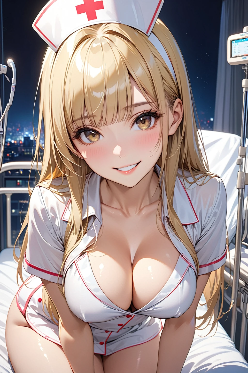 masterpiece,highest quality,32K,ultra detailed,in the hospital room,in the nigh, young woman, nurse costume,micro mini,light brown eyes,light makeup,full breasts,cleavage,fair skin,shiny skin,happy smile,straight hair,long hair,bangs,blonde,looking at viewer
