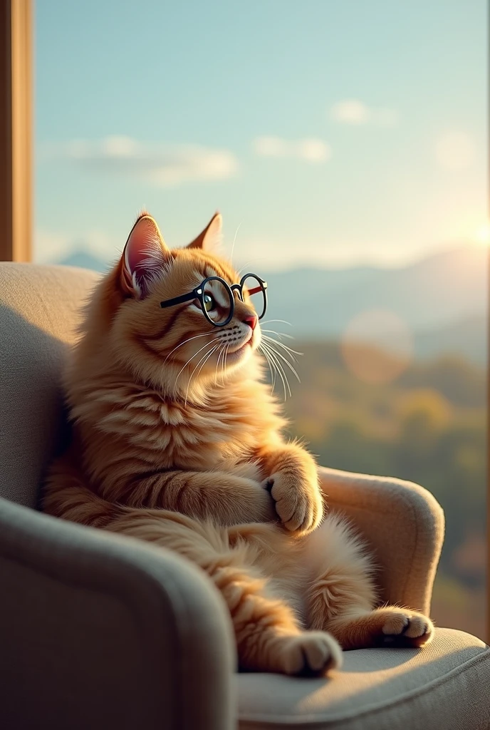 A cat sitting on a chair with glasses, looking towards the horizon. Text: "When you realize that life is just a series of naps" that it is a meme.

