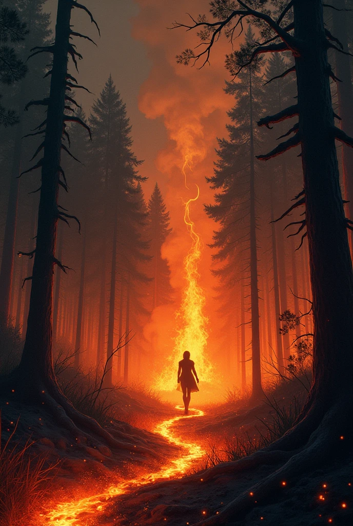 Forest on fire at night, with a trail of fire