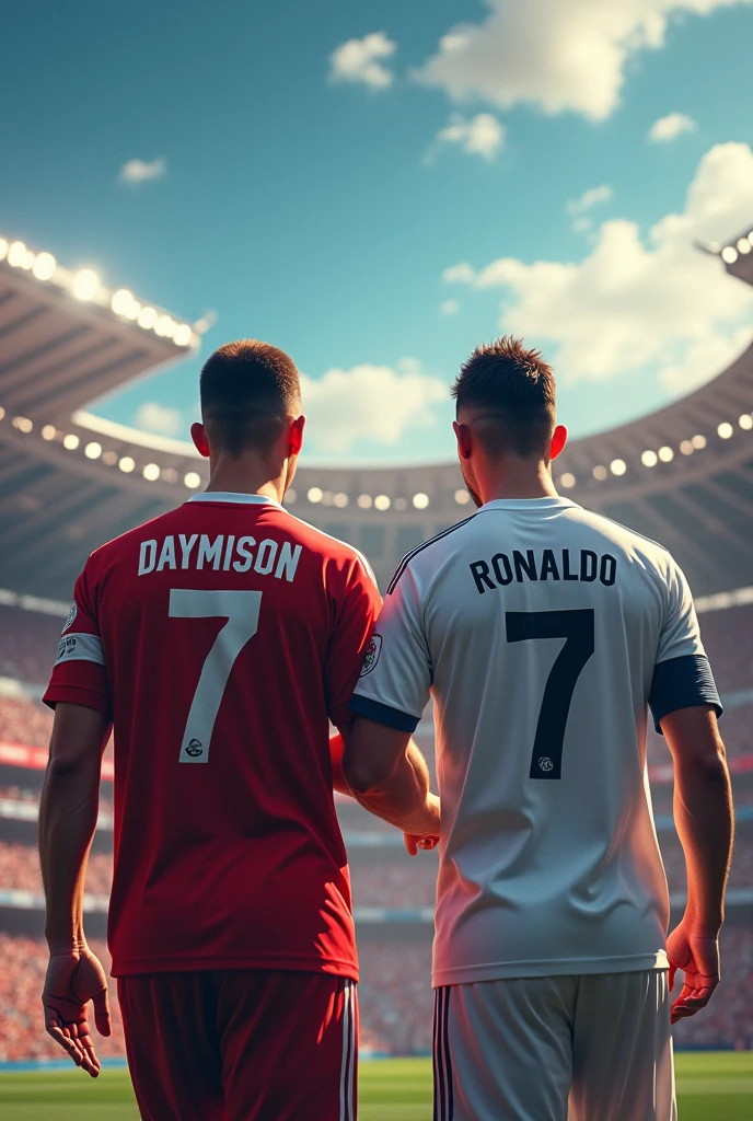 an adult with the real Madrid shirt with the name "daymison" number 7 on his back walking around the stadium and Cristiano Ronaldo with the al Nassar team shirt with the name "Ronaldo" with the number 7 on his back walking with daymison and talking (hair Cristiano Ronaldo short)