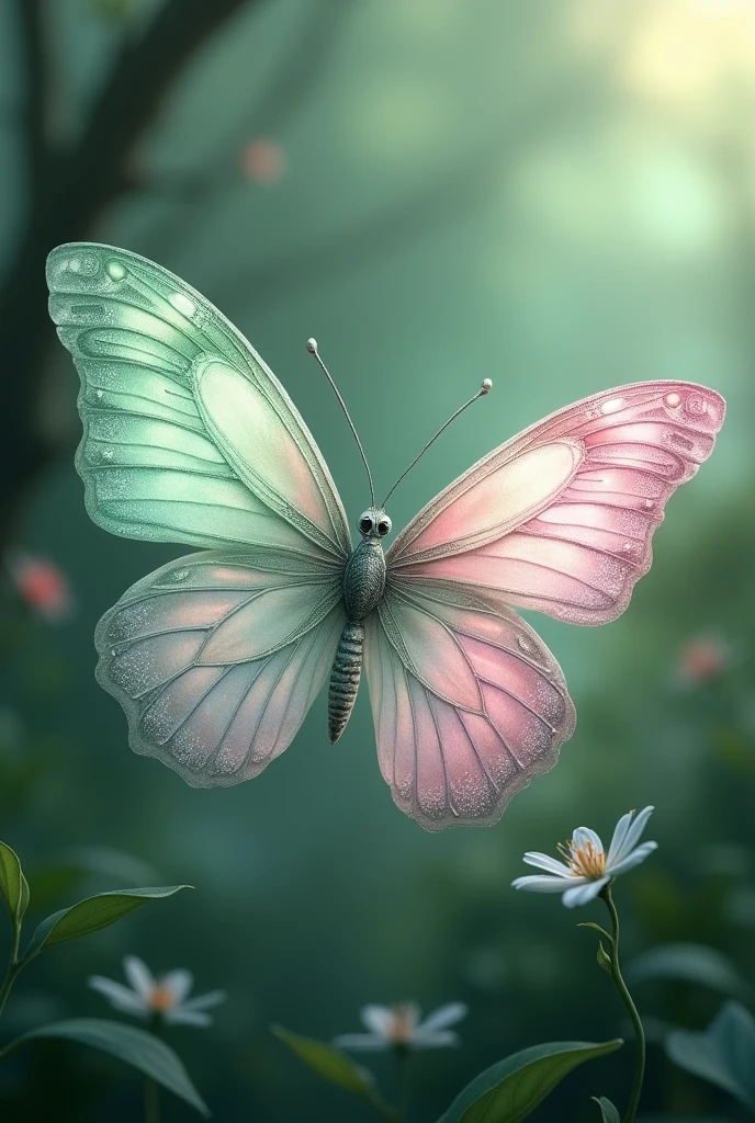 Beautiful Morpho Aurora butterfly, half pastel pink and pastel green with shiny silver details 