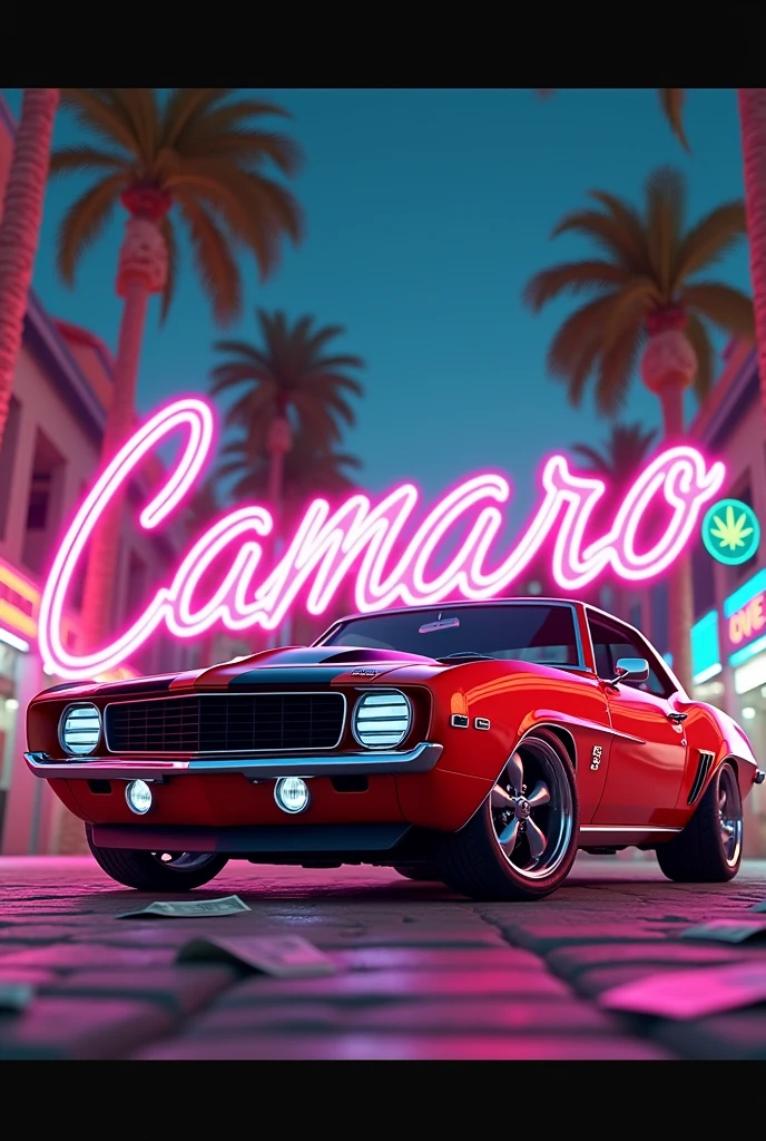 Make a musical cover of corridos tumbados called Camaro with an animated red Chevrolet Camaro car with the name Camaro in large animated letters, palms, money, marijuana and lively at night 
