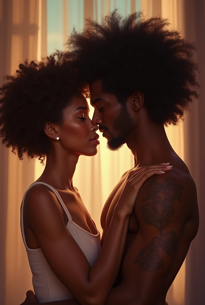 A couple where the woman is brown with short curly hair and the man has afro hair.