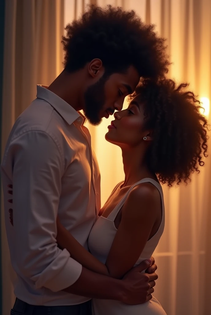 A couple where the woman is brown with short curly hair and the man has afro hair.