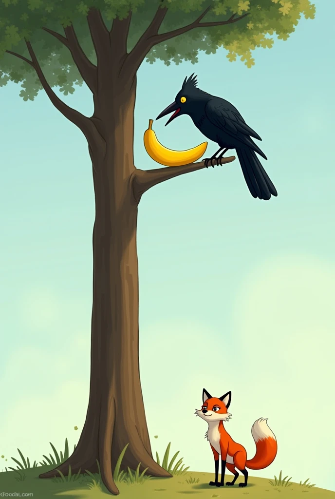 A crow sitting on a tree branch looking down on a fox, the crow has a banana on its mouth, the crow is biting on the banana, there is only one banana, there are no multiple banana and only one banana, there is a fox under the tree crow is sitting on, the fox is looking towards the crow with a smug expression, the fox does not has a banana, the fox is not on a tree, the fox is on the ground, there is only 1 fox, there is only 1 crow, the crow has its mouth closed as it is biting the banana, the crow face is looking towards the fox, the tree the crow is sitting is tall, the fox is a bit far away from the crow since the crow is sitting on a tall tree