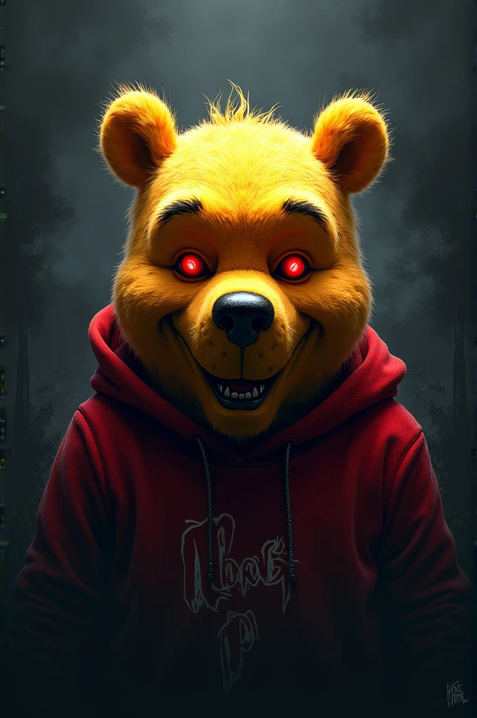 A team logo with a Winnie the Pooh with an evil face and red eyes