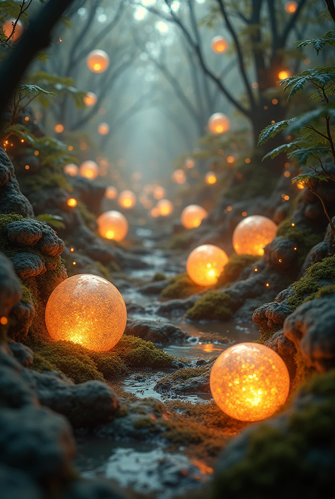 Fractal Exotic elegance, luminous smoked  orbs float mesmerizing surrounded fractal forest with glowing leaves, surreal depth and detail, hyperrealistic, hyperdetailed."