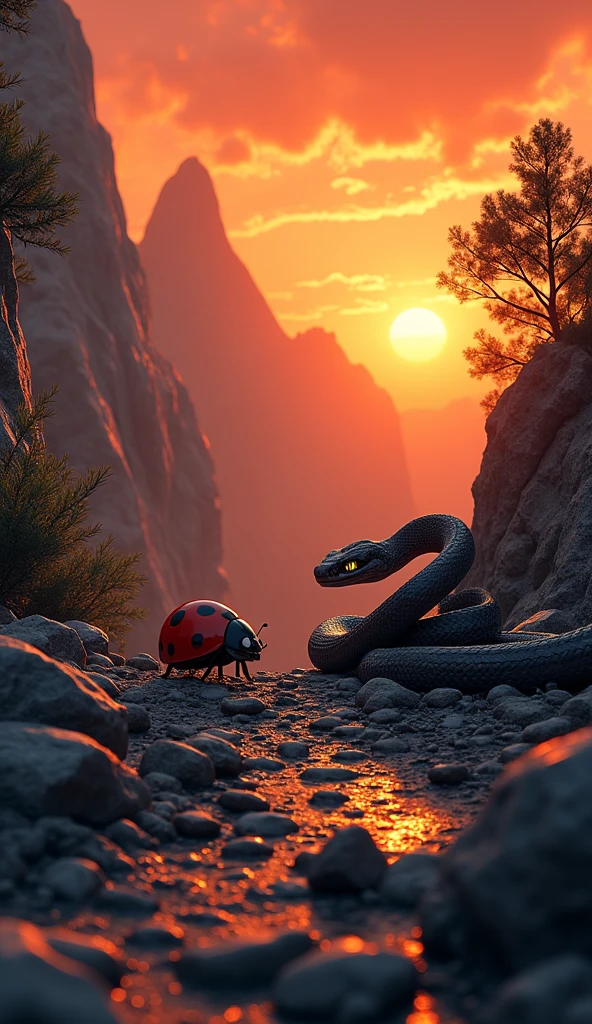 This is a digital image of a Ladybug walking on rocky ground. And the snake is facing the right side of the picture. And its eyes are yellow. The background is a dark orange sky from sunset. The land is covered with rocks and boulders and there are some trees and mountains in the distance. The general feeling of the image is fierce and powerful.