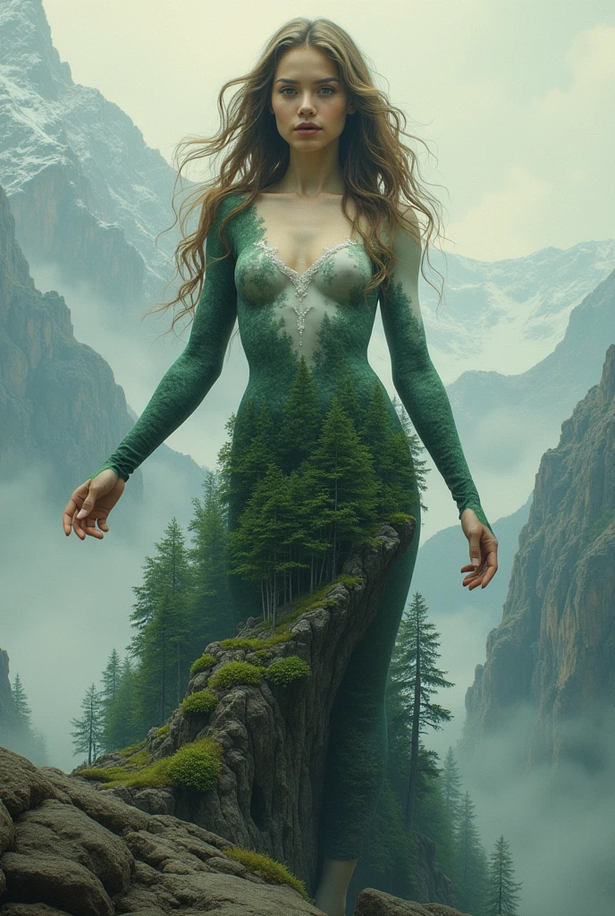 A beautiful lady with a breast of forest and a breast of mountain leonardo da vinci style