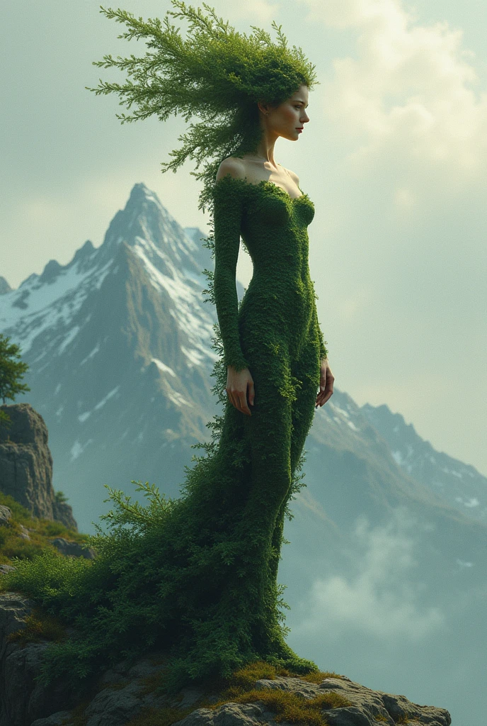 A beautiful lady with a breast of forest and a breast of mountain leonardo da vinci style