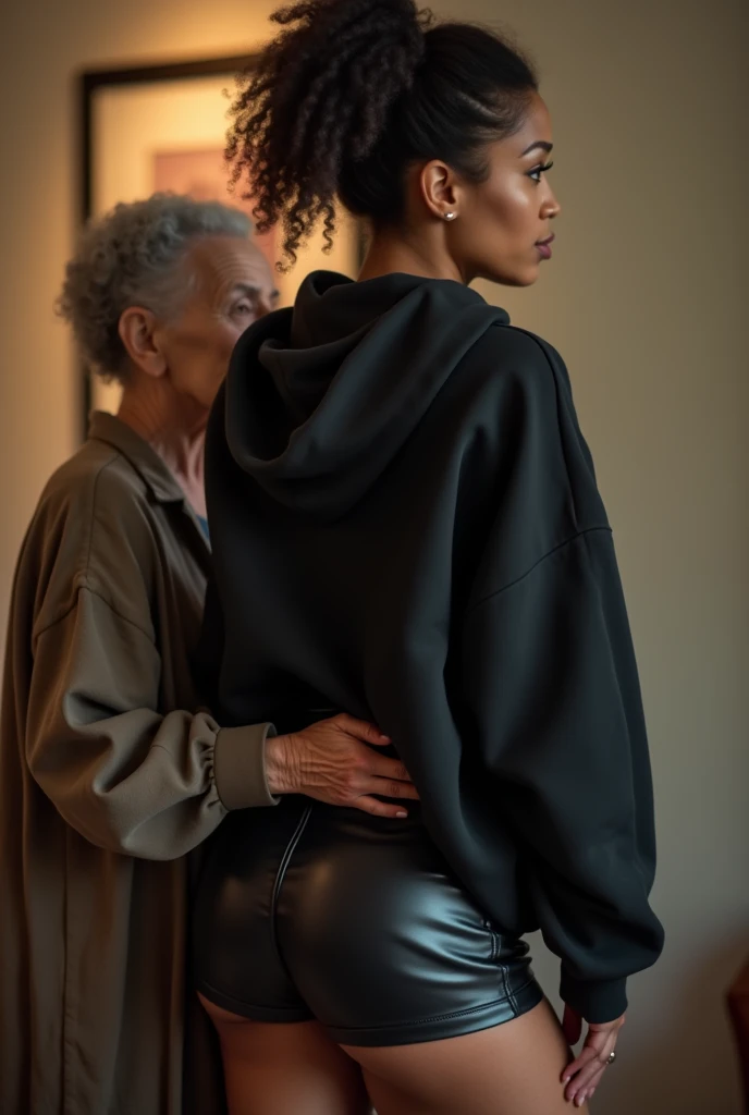 black woman hair in a bun black hoodie black leather short shorts being fucked in the ass by a old grandma in a dress