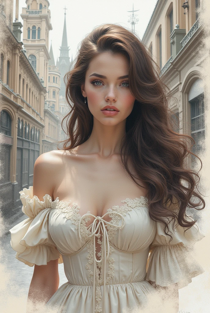 a sketch of a beautiful gorgeous sexy girl and Victorian city,