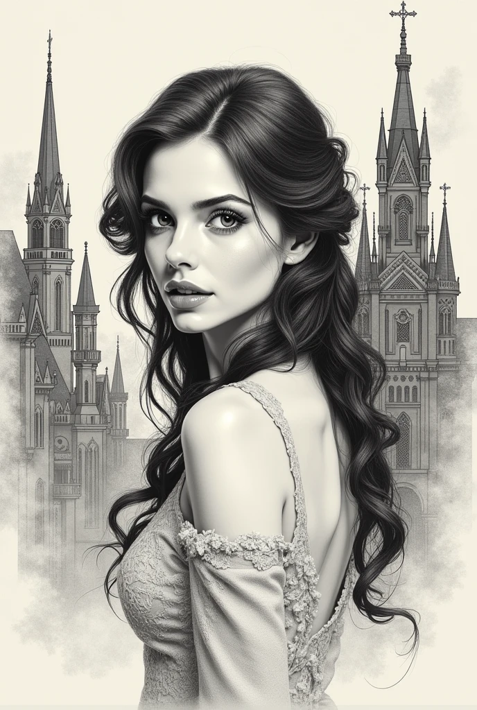 a sketch of a beautiful gorgeous sexy  girl and Victorian city,