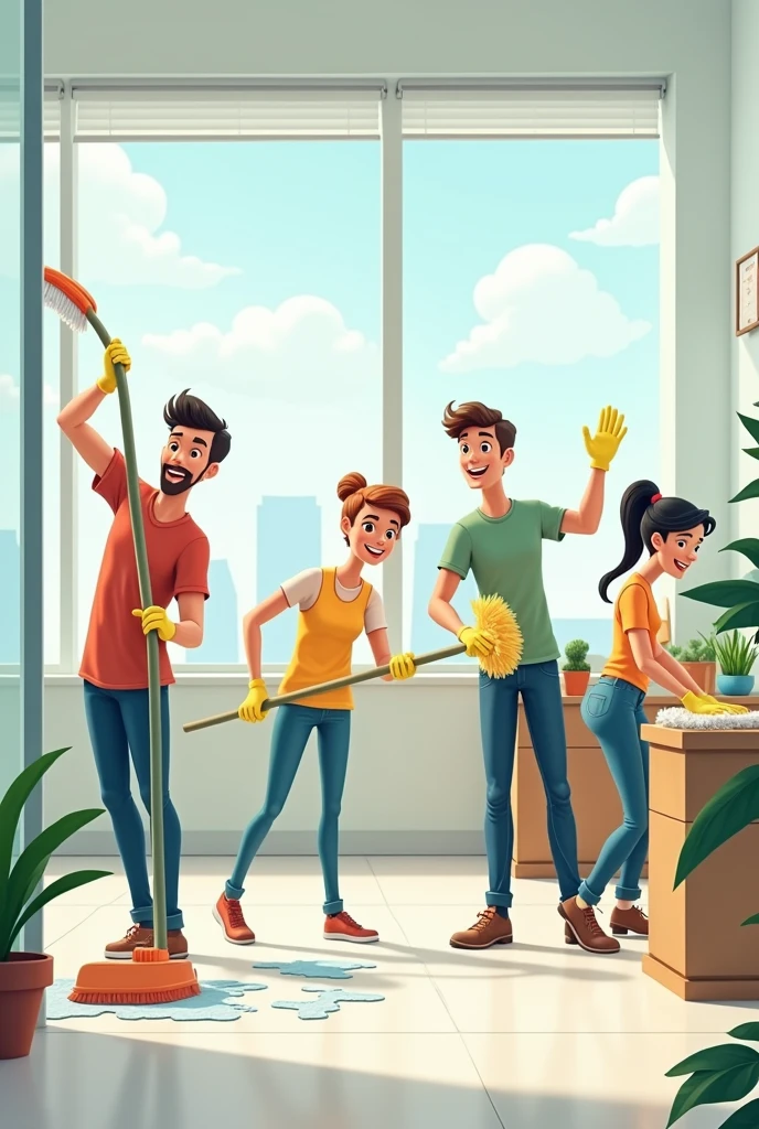 4 people cleaning office with animated quality each with a cleaning equipment cleaning something one cleaning the glass and the other cleaning the table and the other the floor