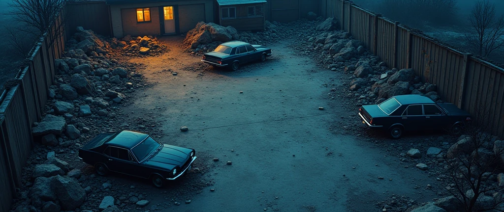 vampire the masquerade, map rpg, (((seen completely from above))), ((a large junkyard, with some broken cars, some mountains of rubble,)), game art, birdseye straight top-down shot from a drone, battlemap, current modern theme, seen from above, role-playing game, empty location, nighttime environment, (with realistic proportions and textures, intricate details, handdrawn, vibrant, cinematic lighting, masterpiece, 8k:1.2)